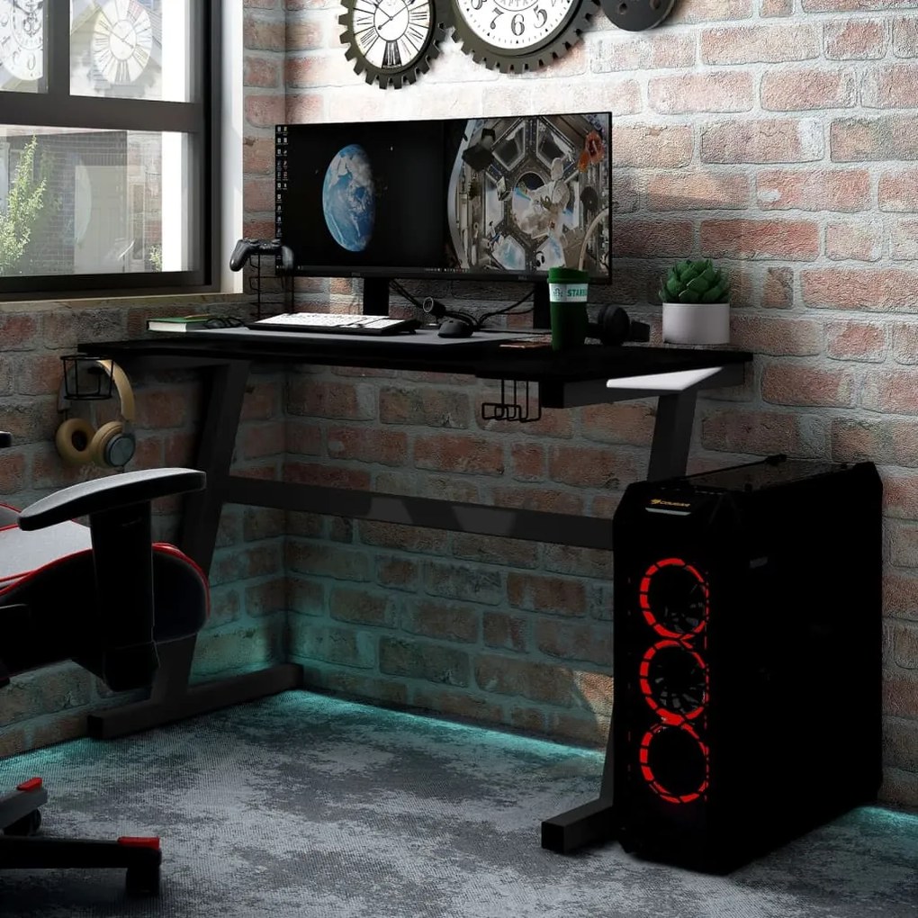 vidaXL Secretária de gaming c/ luzes LED forma de Z 90x60x75 cm preto