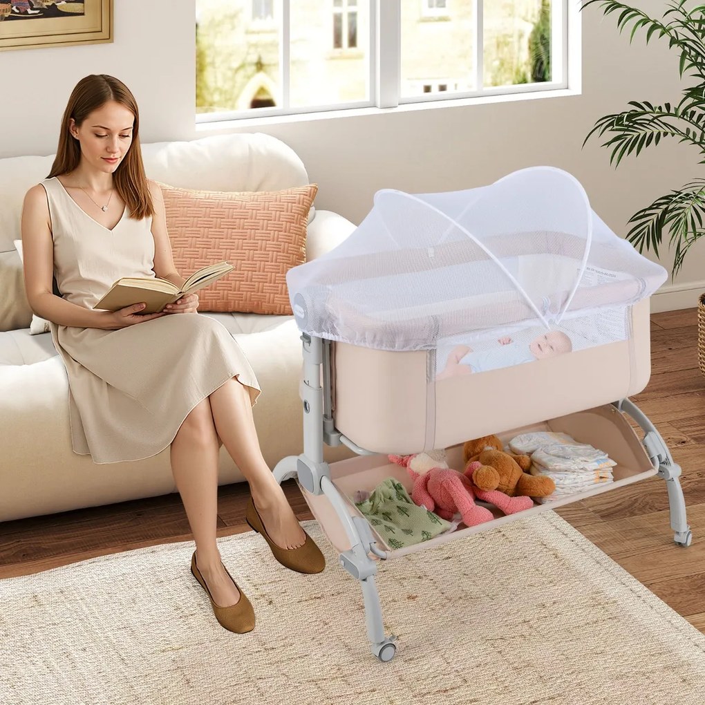 Berço 2 em 1 para bebés com altura ajustável, 4 rodas, rede mosquiteira e cesto de arrumação para bebés dos 0 aos 6 meses, 95 x 65 x 70-82 cm, bege