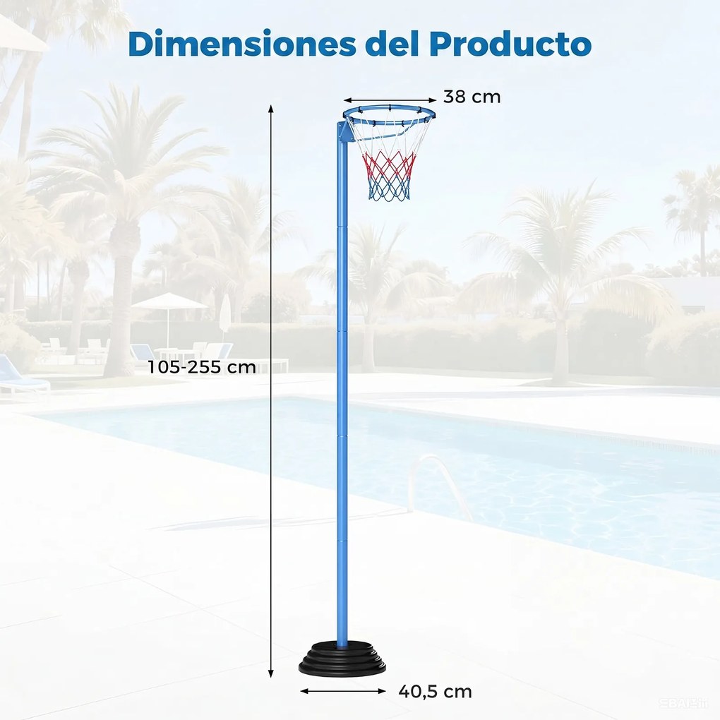 Suporte de aro de basquetebol azul, com altura ajustável, base estável, sem tabela, para interior e exterior, 105-255 cm, azul,