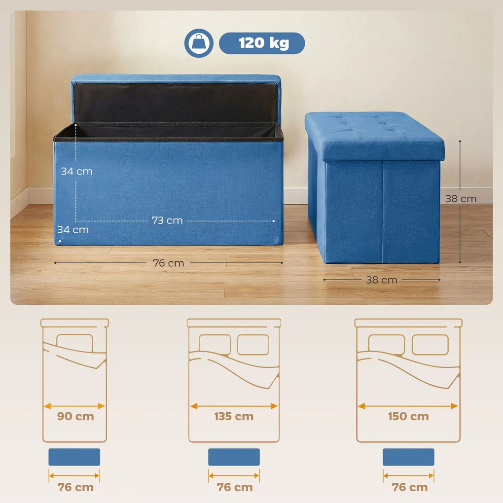 Puff de Armazenamento Banco de Armazenamento Dobrável 84 L 76x38x38 cm Estofado em Linho Sintético Azul Claro