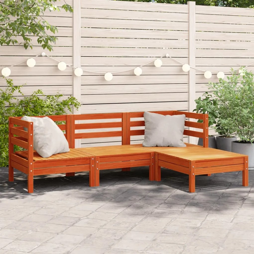 vidaXL Sofá 3 lugares p/ jardim c/ apoio pés pinho maciço castanho-mel