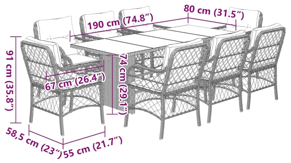 9 pcs conjunto de jantar p/ jardim c/ almofadões cinzento claro