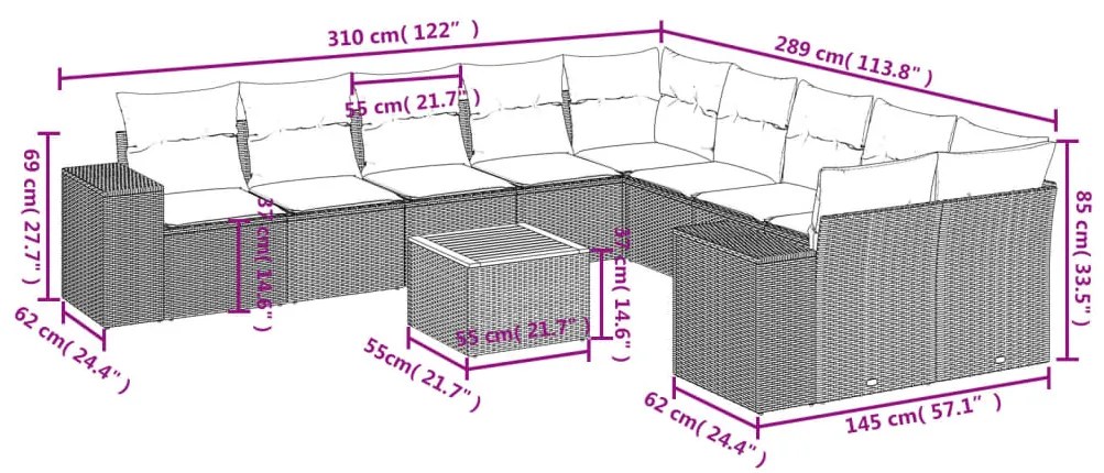 11 pcs conjunto sofás de jardim c/ almofadões vime PE bege