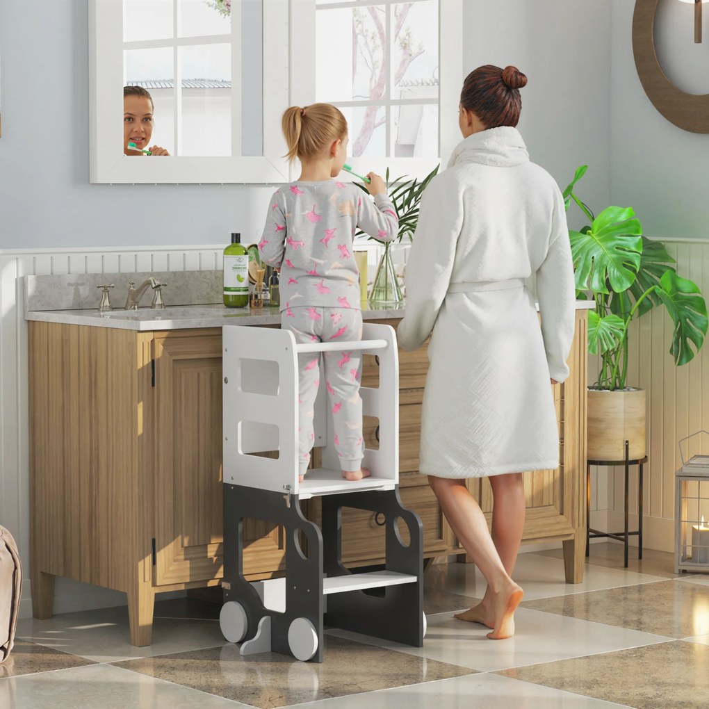 Torre de Aprendizagem 4 em 1 para Crianças em Forma de Carro Convertível em Mesa e Cadeira 58x46x92 cm Branco e Cinza
