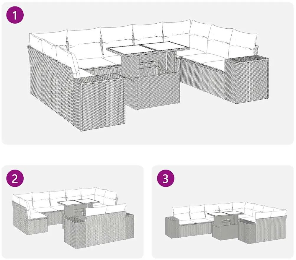 10 pcs conjunto de sofás p/ jardim com almofadões vime PE bege