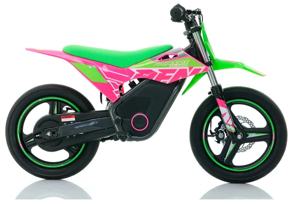 Mini moto elétrica para crianças velocidade até 30Km/h C/Limitador RFN SX-E350 WARRIOR 350W Supermotard 14/14” Verde e Rosa