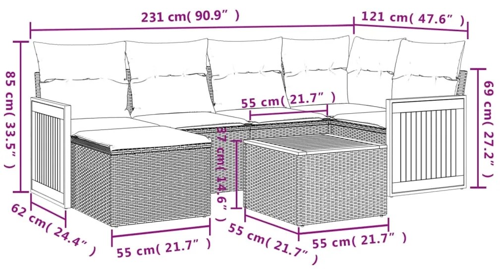 7 pcs conjunto de sofás p/ jardim com almofadões vime PE bege