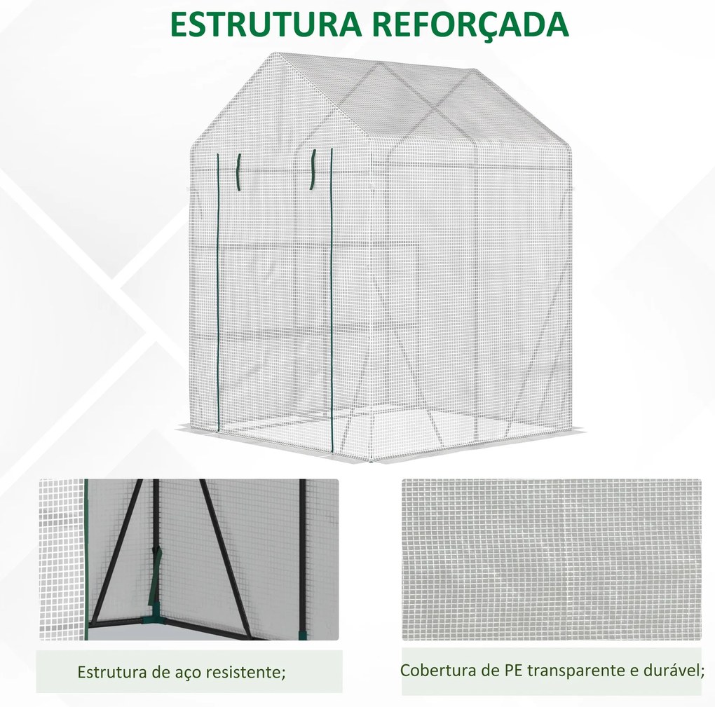 Estufa de Jardim 143x143x195 cm Estufa de Aço com 2 Prateleiras e Port