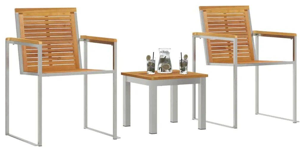 Chaise Longue com Cadeiras de Jardim 3 pcs Madeira de Teca Maciça