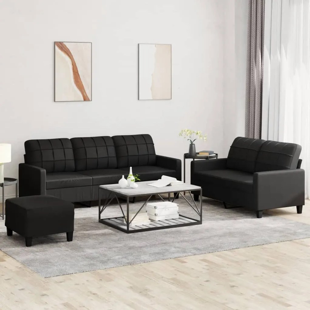 3 pcs conjunto de sofás com almofadões couro artificial preto