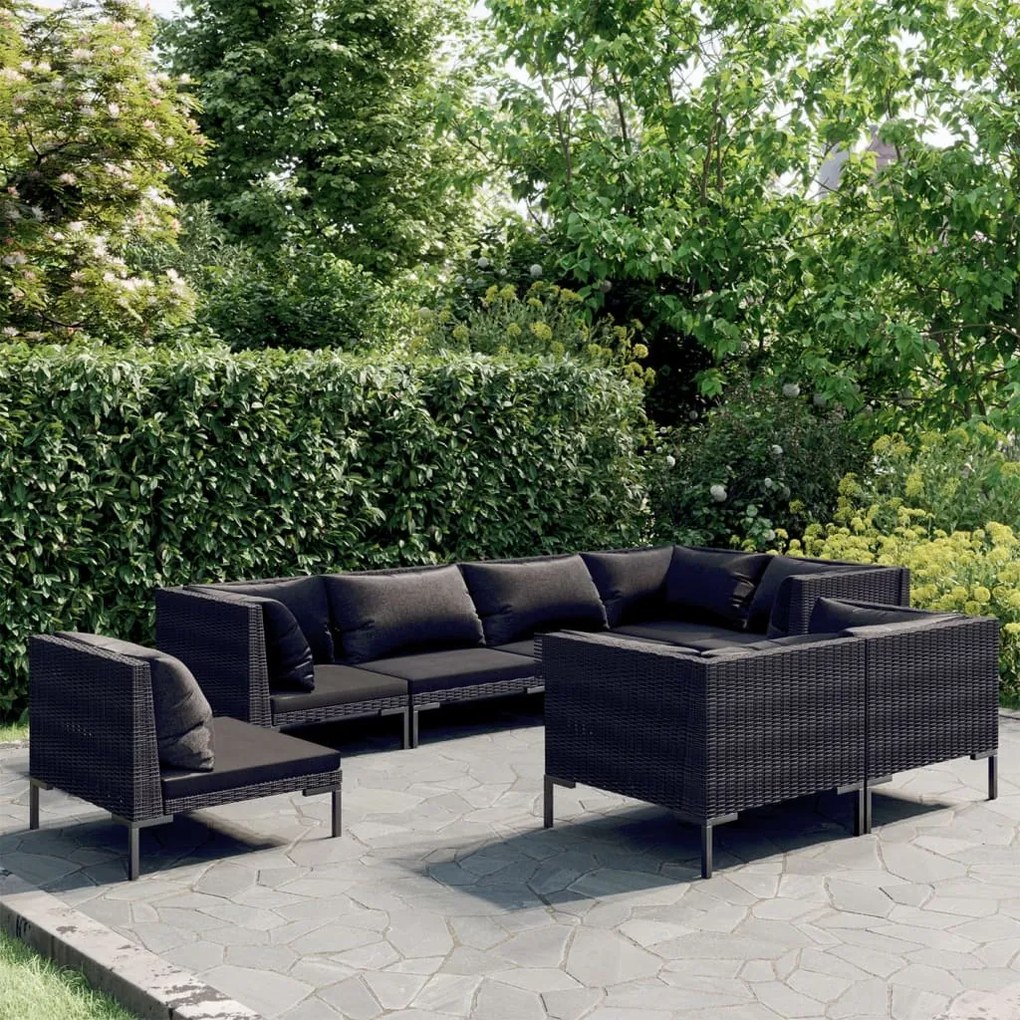 vidaXL 8 pcs conj. lounge jardim c/ almofadões vime PE cinzento-escuro