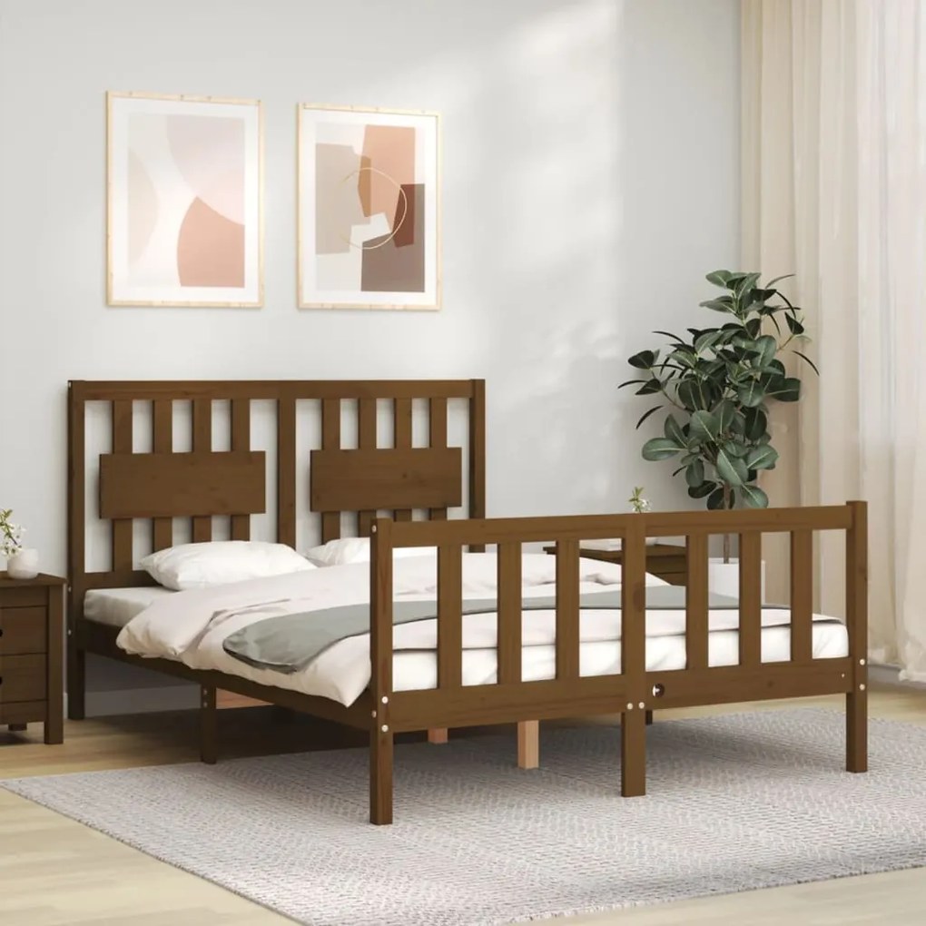 Estrutura cama casal com cabeceira madeira maciça castanho-mel