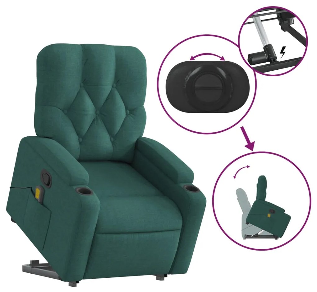 Poltrona reclinável elevatória de massagens tecido verde-escuro