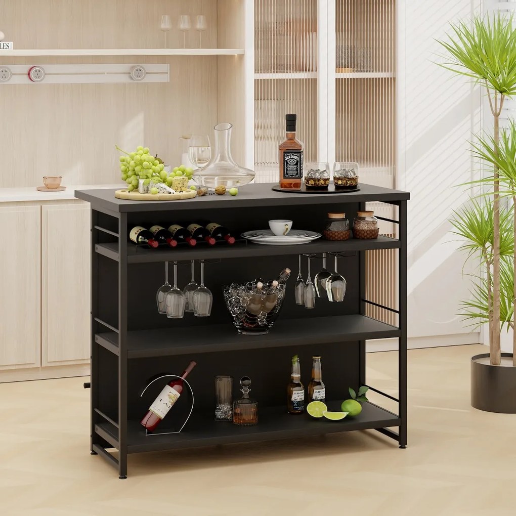 Mesa de bar alta de cozinha 4 níveis com 3 Estantes Prateleiras para vinhos Ilha de cozinha 120 x 60 x 101 cm Preto