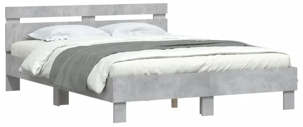 Estrutura cama cabeceira e luzes LED 140x190cm cinzento cimento