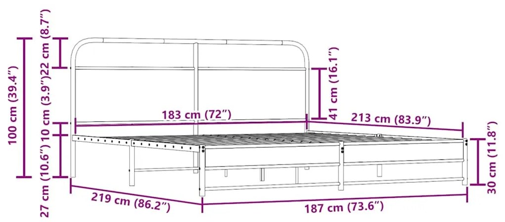 Estrutura de cama sem colchão 183x213cm metal carvalho fumado