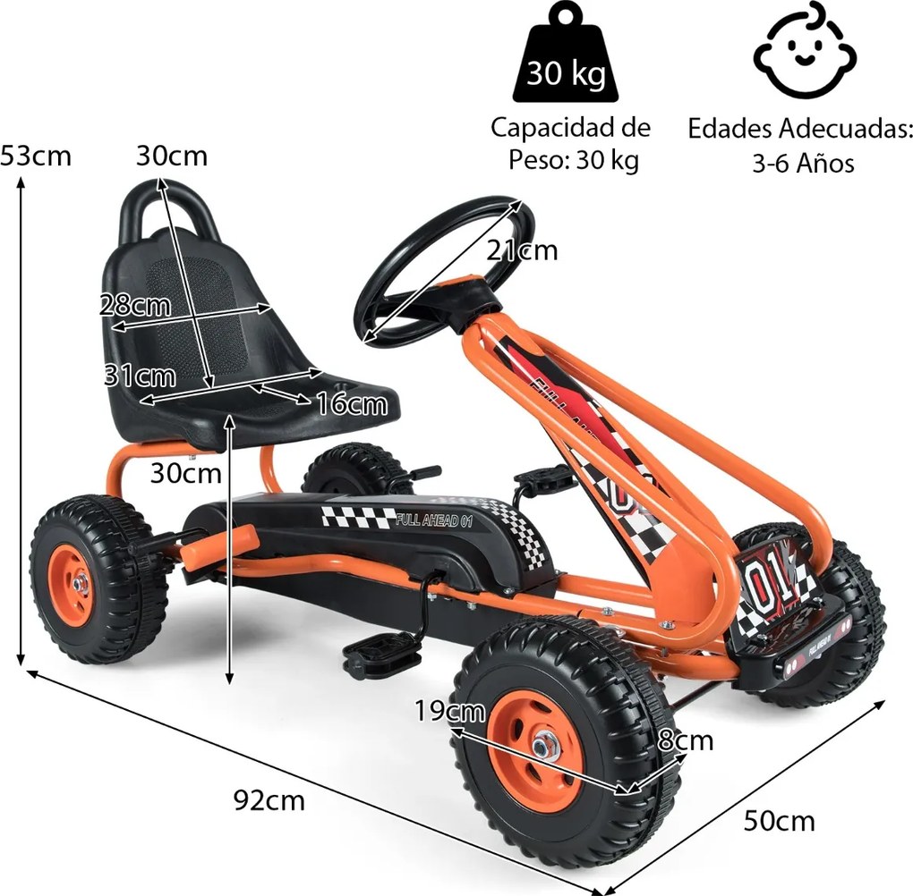 Kart a pedais para crianças com 4 rodas antiderrapantes, assento envolvente e travão de mão 92 x 50 x 53 cm Laranja