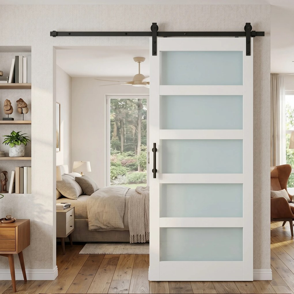 Porta de Correr com Ferragens 91x213 cm Porta de Correr Interior de MDF e Vidro Fosco com Rolo Trilho Guia de Chão Branco
