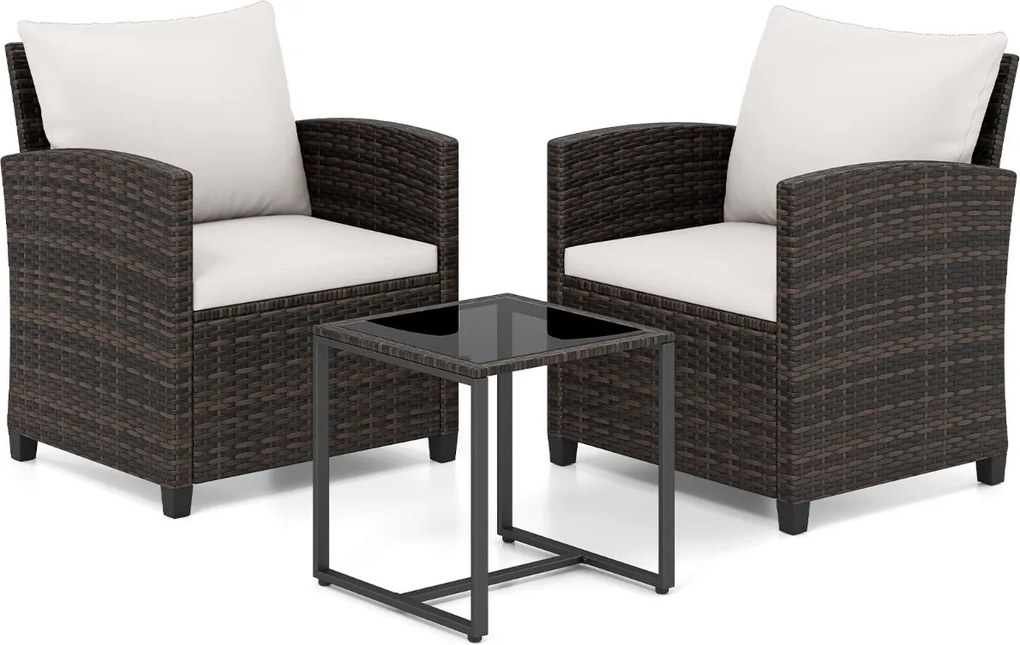 Conjunto de 3 móveis de rattan para jardim, com 2 cadeiras, mesa de vidro e almofadas pretas com capas removíveis, para jardim, terraço ou piscina Cas