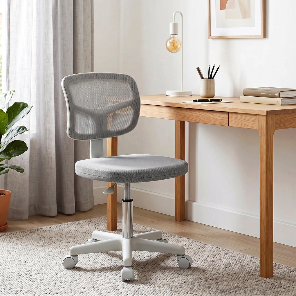 Cadeira de escritório ergonómica sem braços, cadeira giratória de escritório, encosto curvo em malha e Rodas, cinzenta