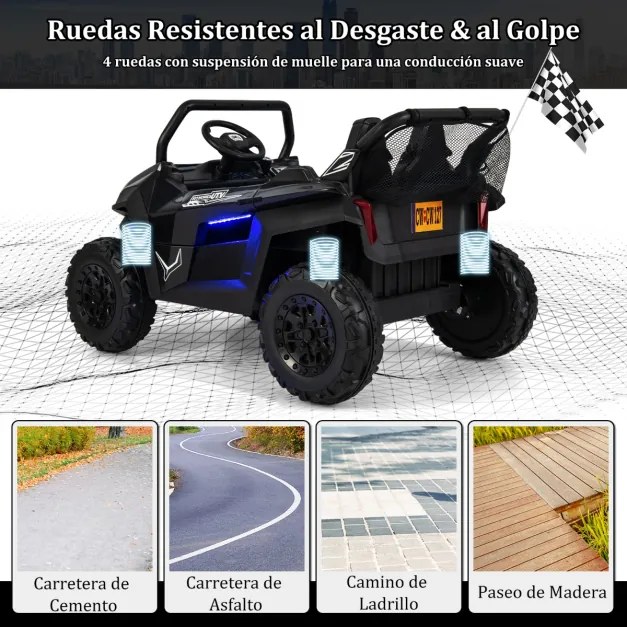 Carro elétrico infantil a bateria com 2 lugares 12 V com controle remoto 2.4G Música em alta / baixa velocidade 3 a 8 anos 118 x 74 x 71 cm Preto