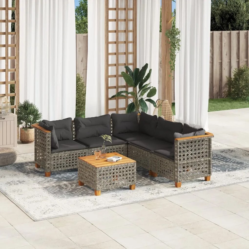6 pcs conjunto sofás de jardim com almofadões vime cinzento