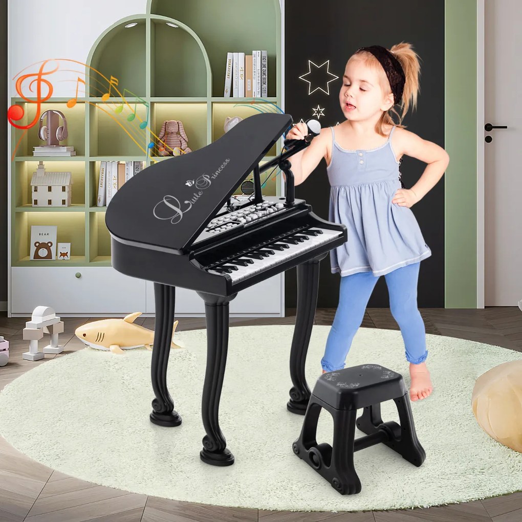 Teclado de piano para crianças com 37 teclas e banco multifuncional portátil com microfone LED e modo de ensino Preto