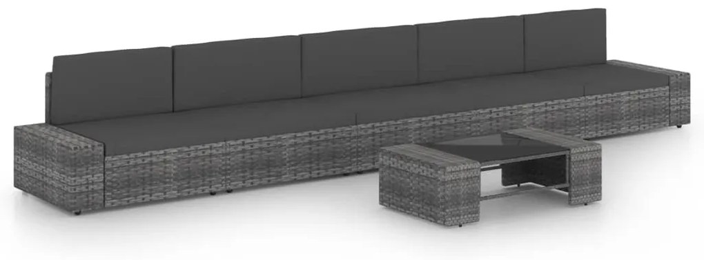 6 pcs conjunto lounge de jardim c/ almofadões vime PE cinzento