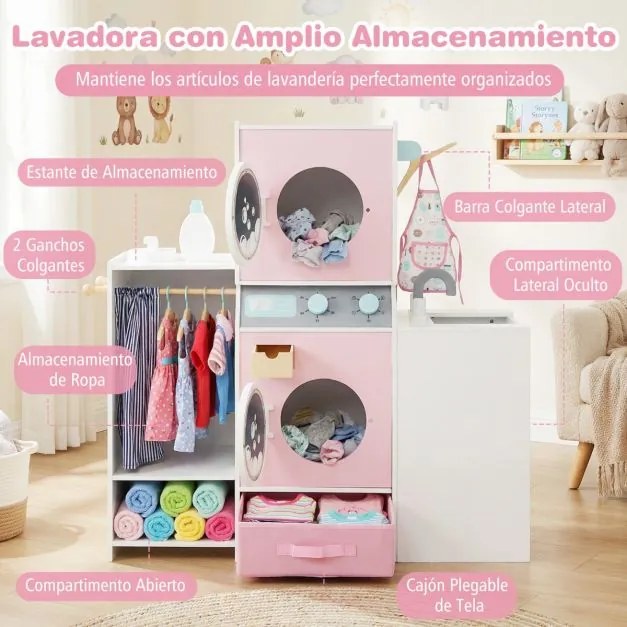 Conjunto de lavandaria em madeira para crianças Máquina de lavar roupa realista com acessórios Ferro de engomar e cabides Brinquedo educativo Rosa