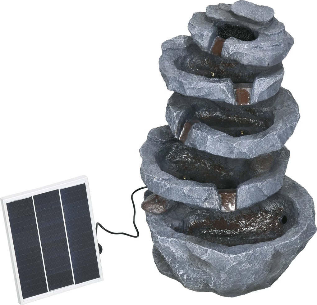 Fonte de jardim solar com cascata de 5 níveis em resina, com luzes LED e bomba, cinzenta