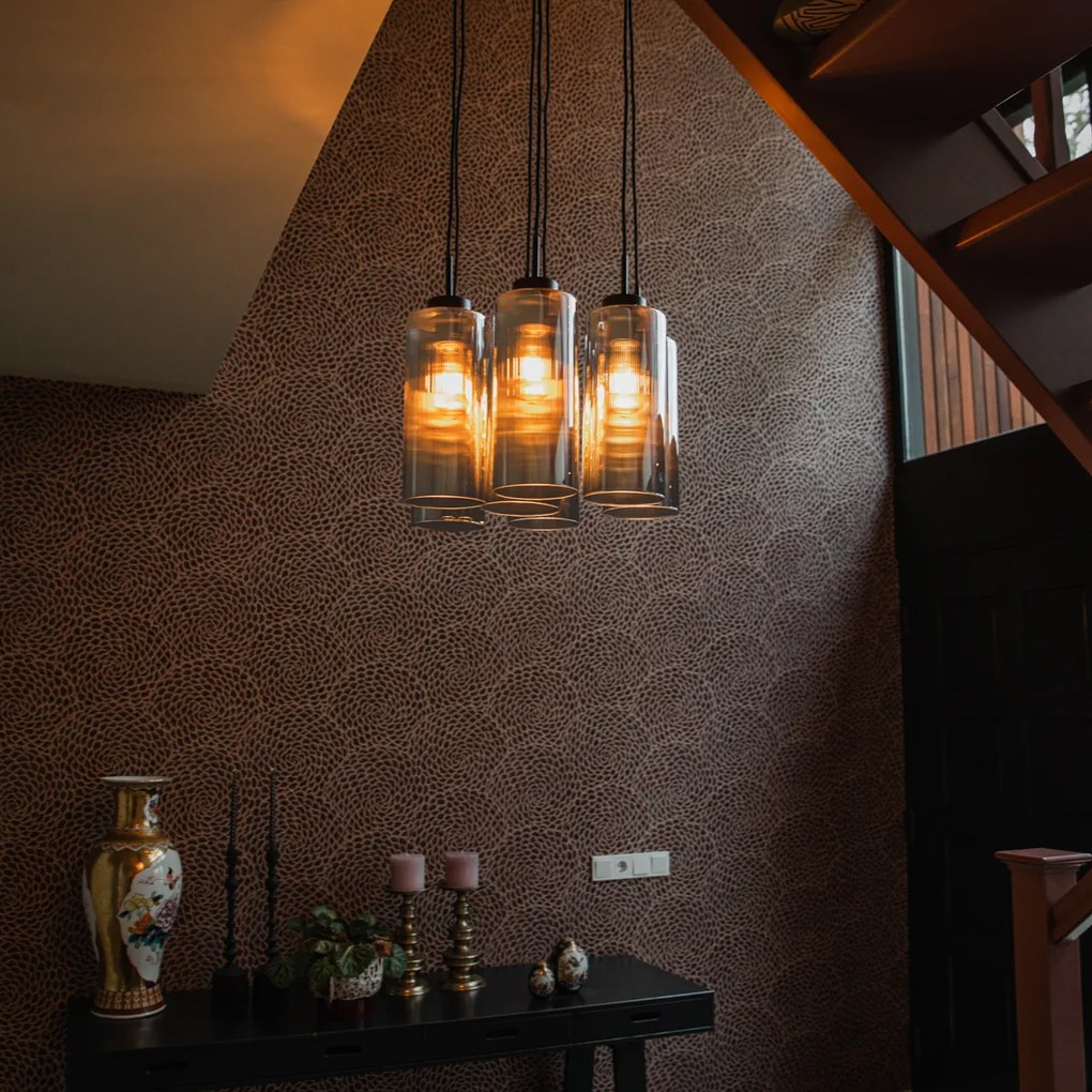 Candeeiro de suspensão Art Deco preto com vidro fumê 7 luzes - Laura