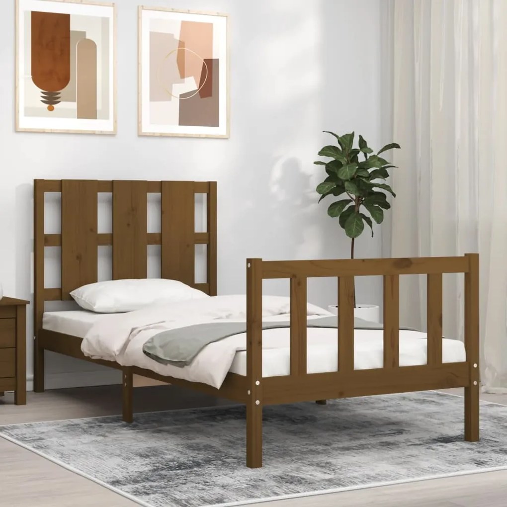 Estrutura cama cabeceira 90x190 cm madeira maciça castanho-mel