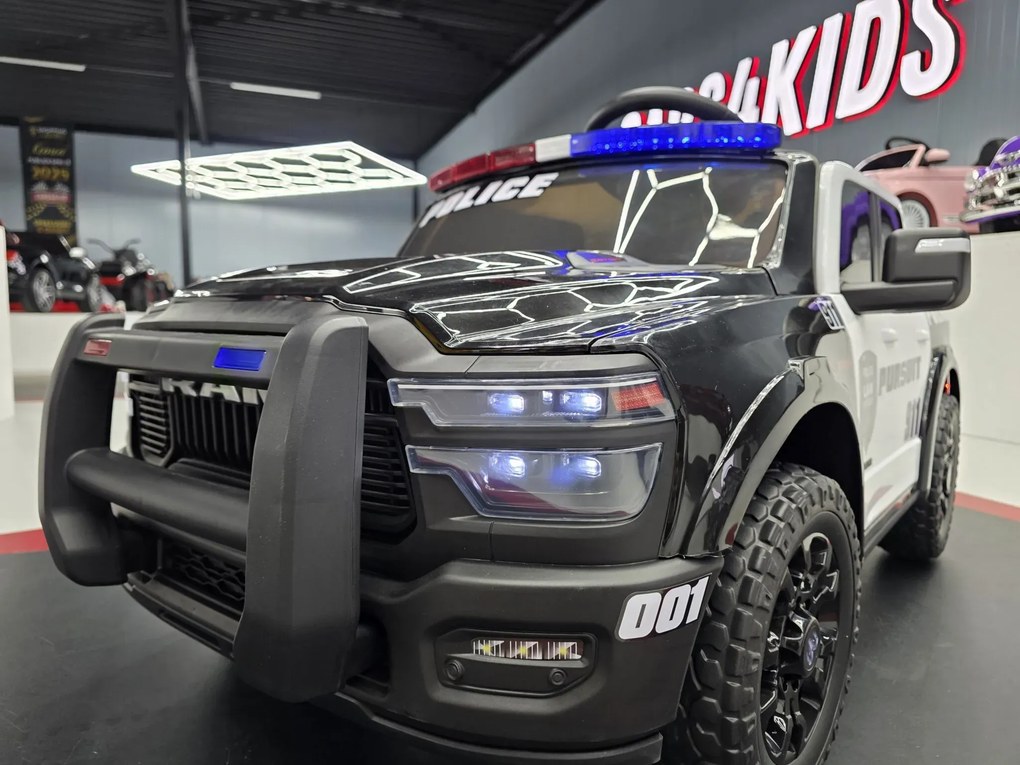 Carro Infantil bateria 12V Dodge RAM Policia, Pneus Borracha, Assento de couro Preto