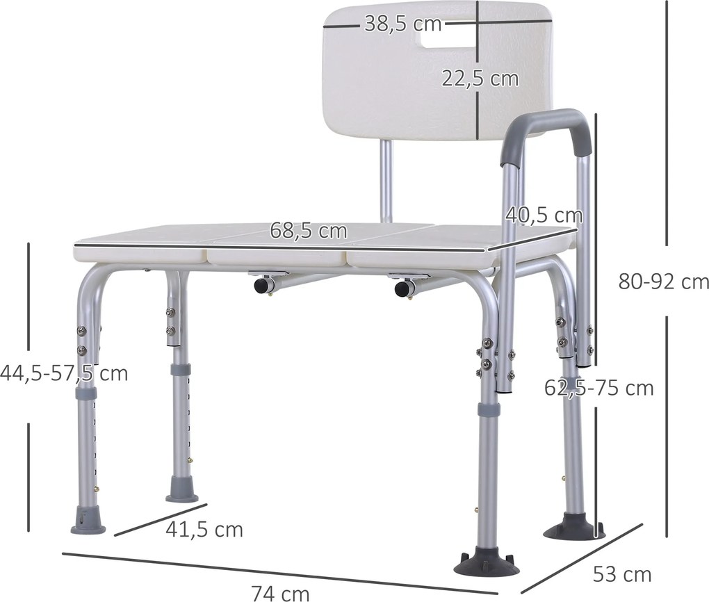 Banco de duche com encosto ergonómico, altura ajustável, pés antiderrapantes, assento amplo, carga máxima de 136 kg, 74 x 53 x 80-92 cm, branco