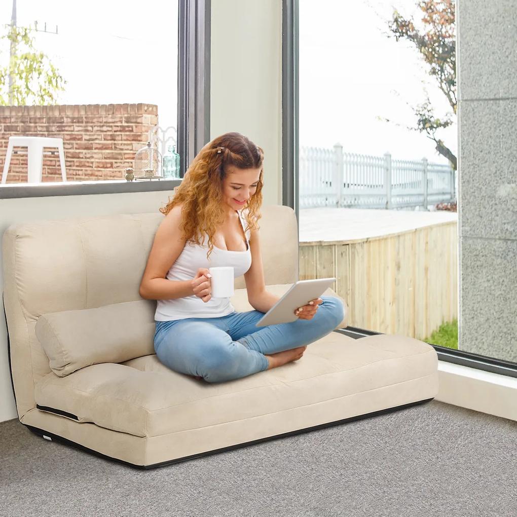 Sofá de chão ajustável dobrável em 6 posições Estofos de camurça removíveis com 2 Almofadas para Sala de Estar de Dormitório Beige
