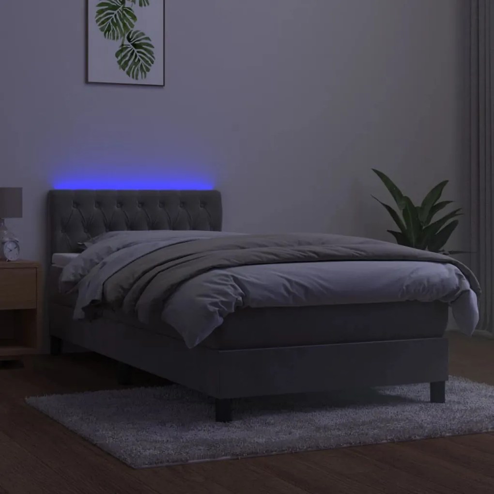 Cama box spring c/ colchão/LED 90x200 cm veludo cinzento-claro