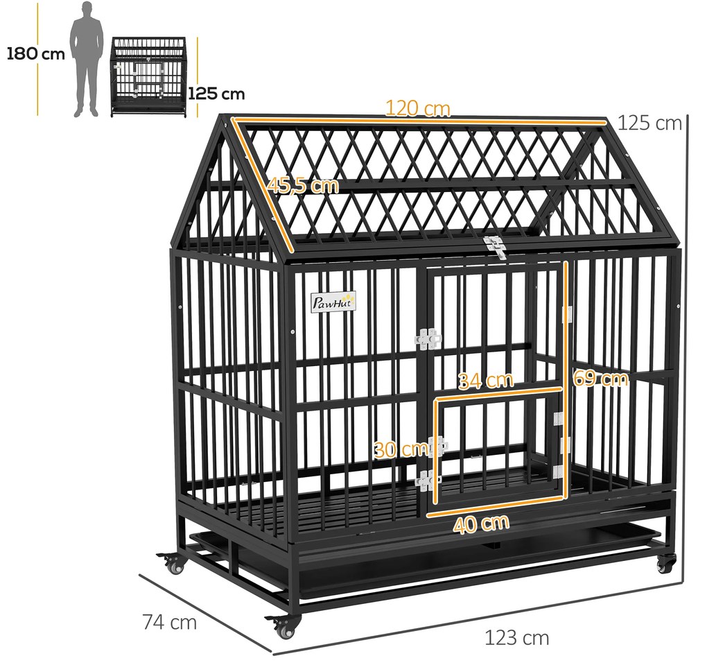 Gaiola para Cães Grandes 123x74x125 cm Canil Metálico com Rodas Bandeja Removível Trancas e Estrutura de Aço Preto