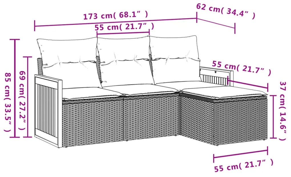 4 pcs conjunto sofás de jardim c/ almofadões vime PE cinzento