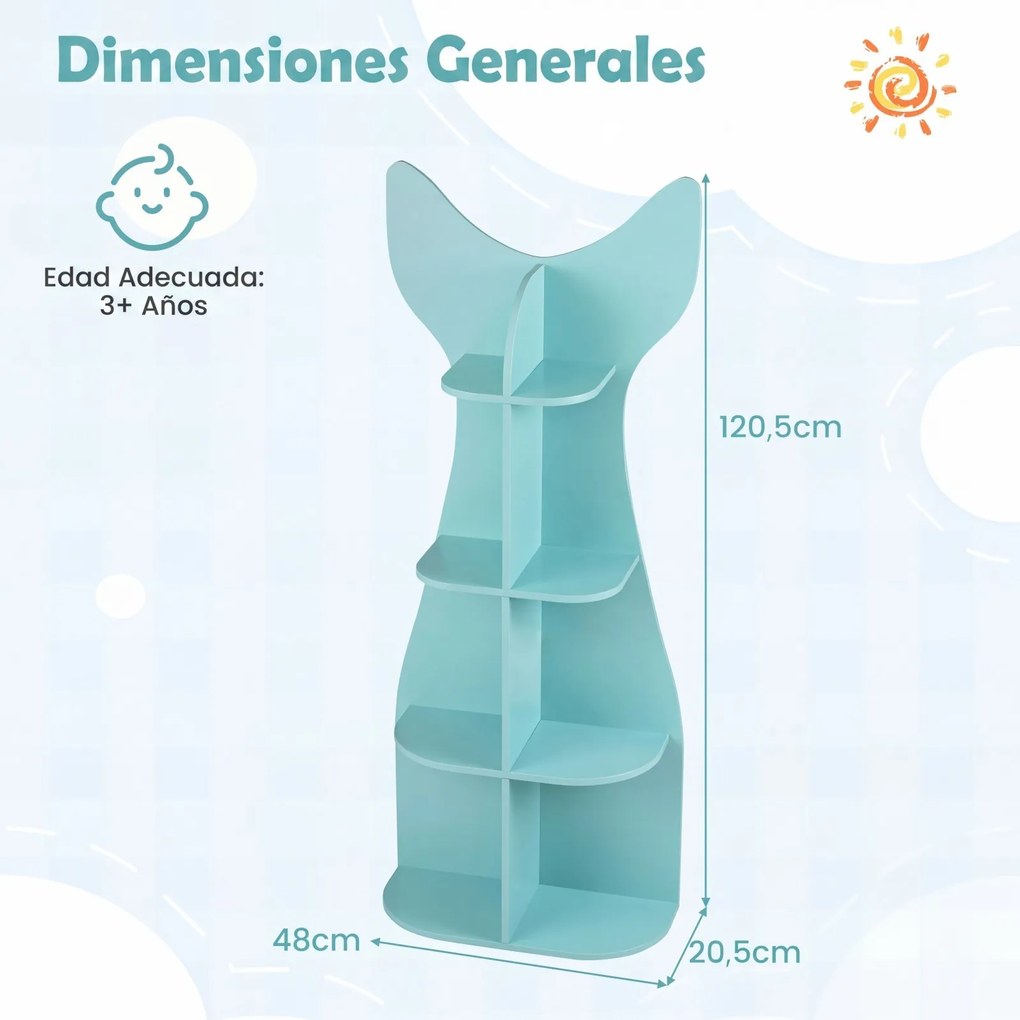 Estante infantil em forma de peixe com 8 compartimentos abertos para arrumação 48 x 20,5 x 120,5 cm, ideal para quartos infantis e creches Azul