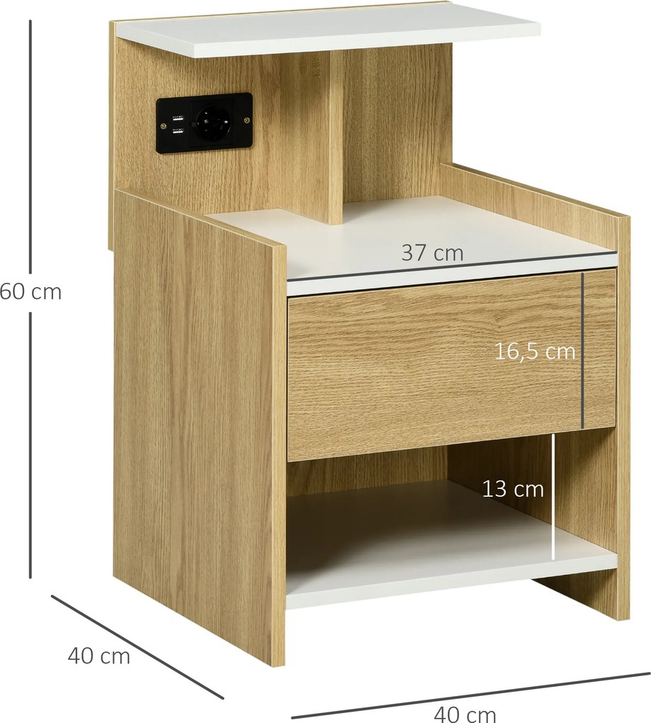 Mesa de Cabeceira Moderna Mesa de Cabeceira com Entrada USB Tomada Elétrica Gaveta e Prateleiras 40x40x60 cm Madeira