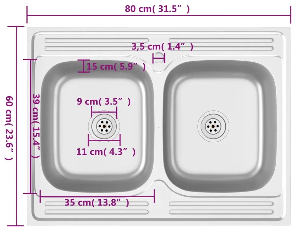 Lava-louça cozinha + cuba dupla 800x600x155mm aço inox prateado