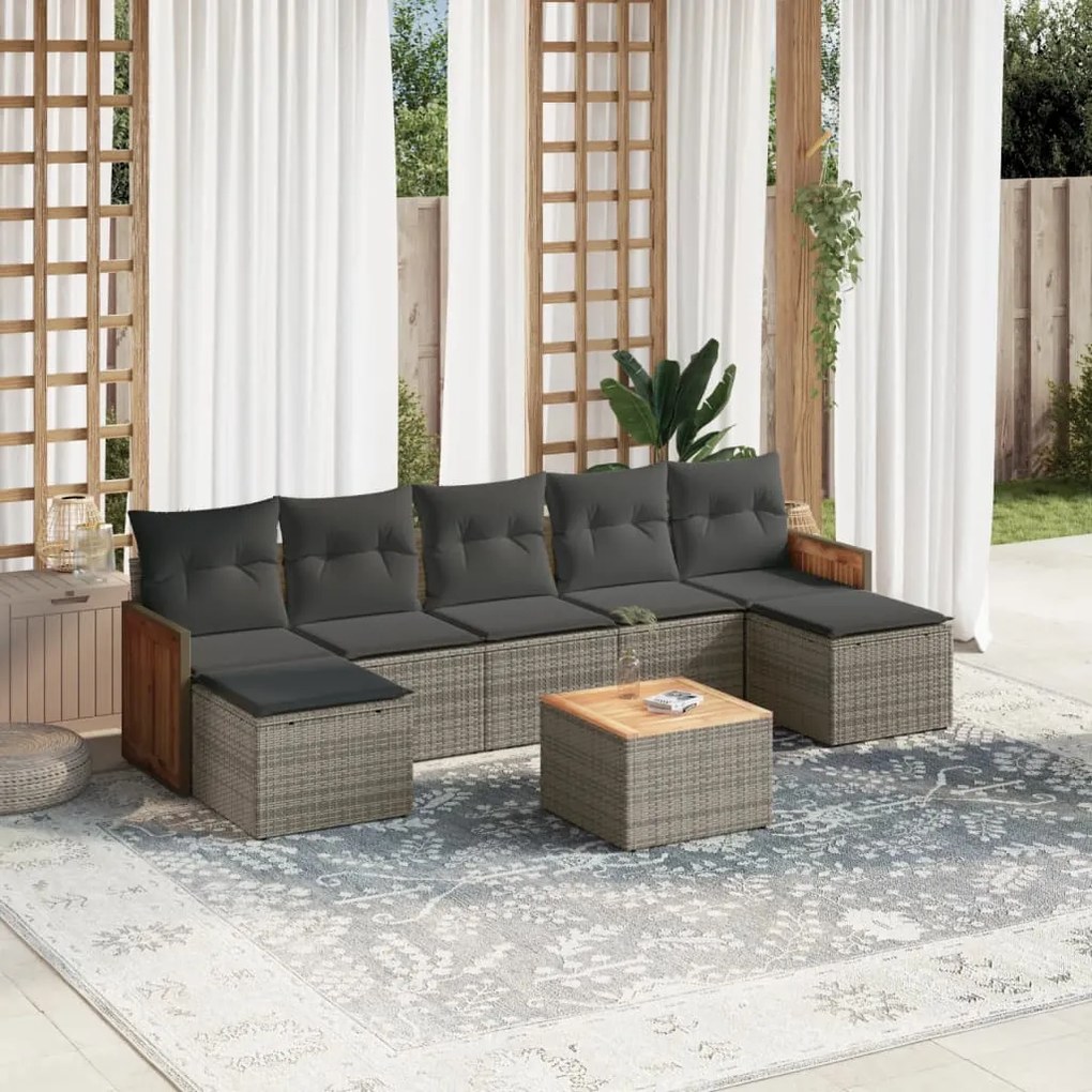8 pcs conjunto sofás de jardim c/ almofadões vime PE cinzento