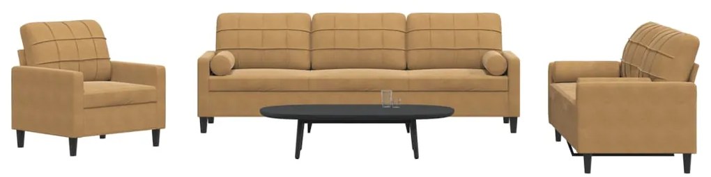 3 pcs conjunto de sofás com almofadões e rolos veludo castanho