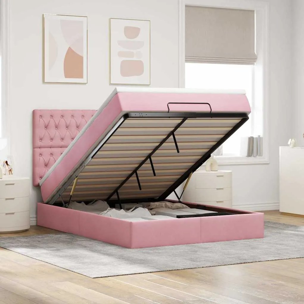 vidaXL Estrutura de cama otomana com colchões 140x190 cm veludo rosa