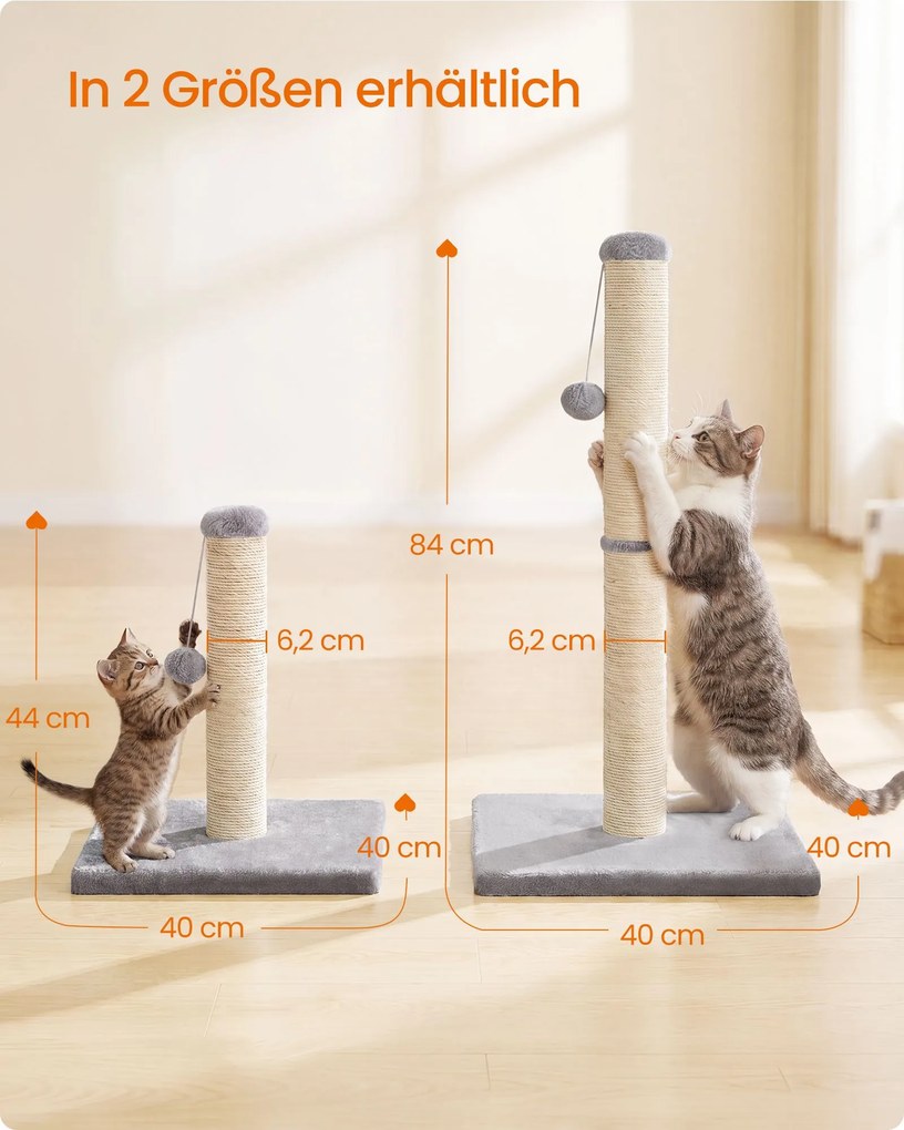 Pequena coluna para arranhar para gatos 40 x 40 x 44 cm ( com tronco de sisal e bola de pelúcia, Cinzento
