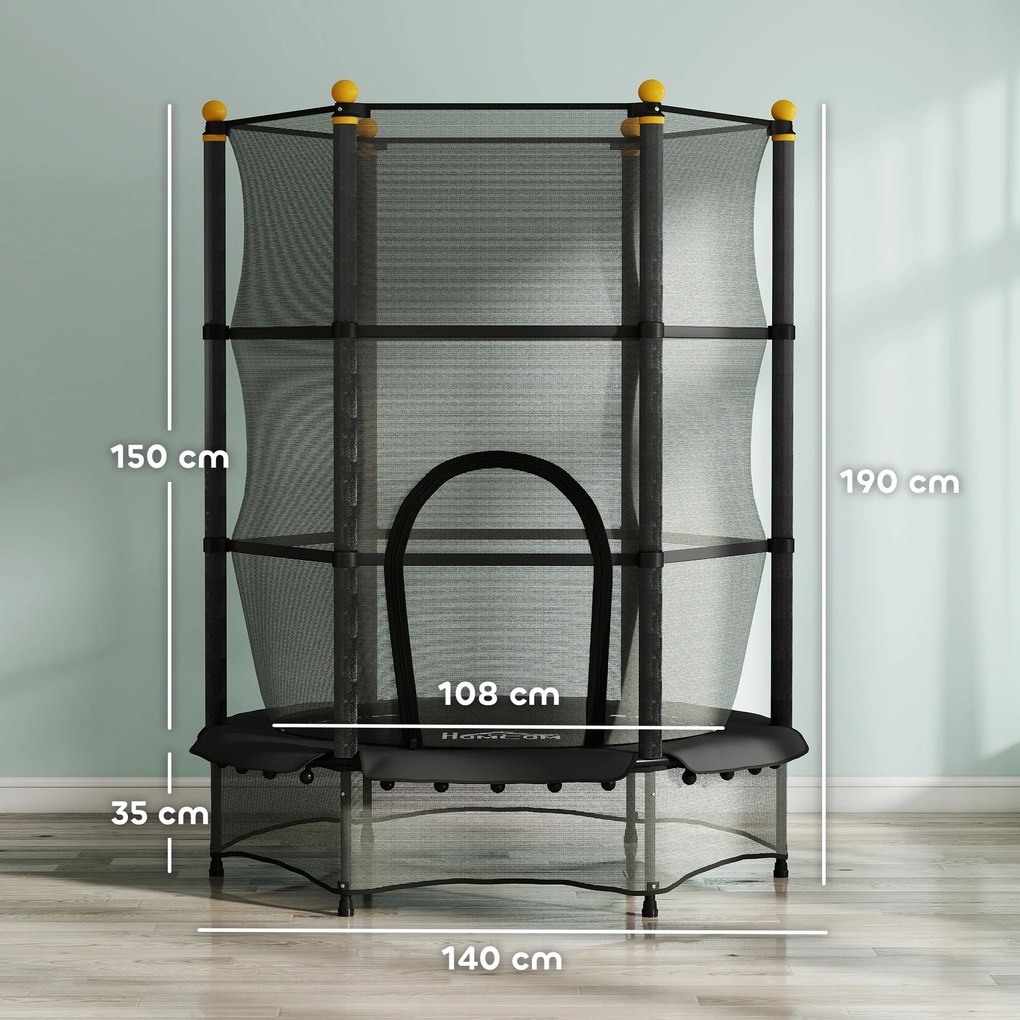 Trampolim para Crianças com Rede de Segurança e Estrutura de Aço para Interiores e Exteriores Carga 50kg Ø140x190 cm Preto