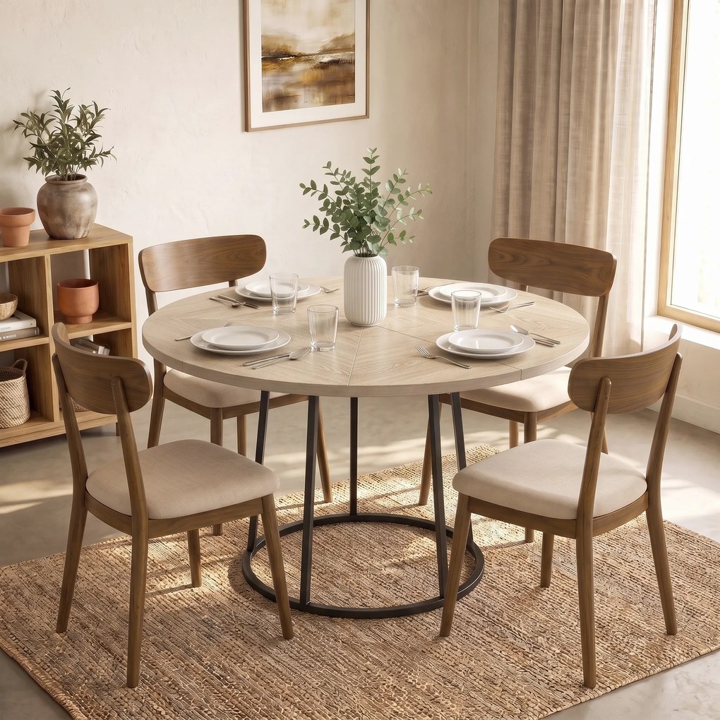 Mesa de jantar redonda para 4 a 6 pessoas, Ø 120 x 75 cm (CADEIRAS NÃO INCLUIDAS), mesa de cozinha com base cónica em metal, cor madeira natural