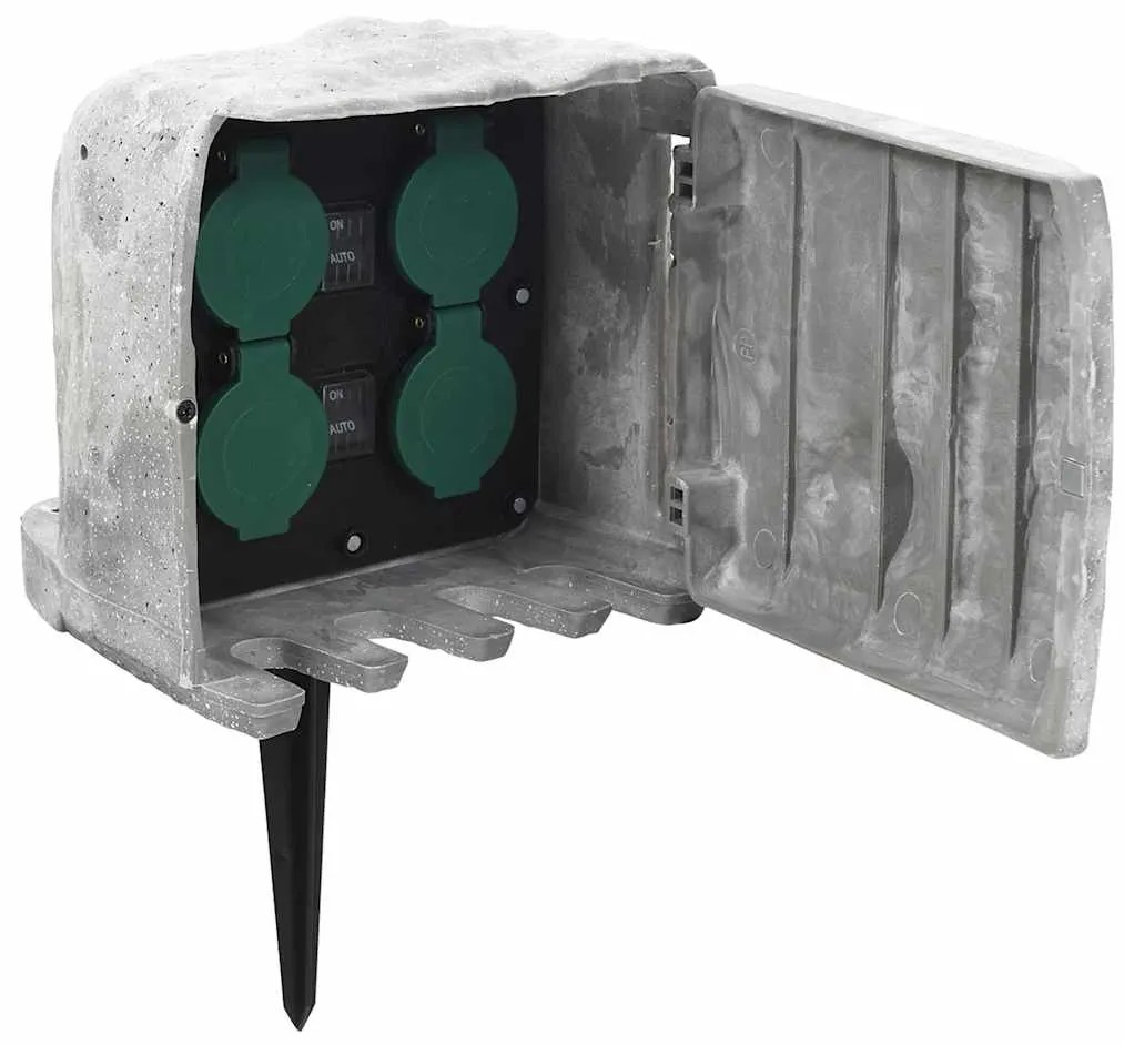 Tomada exterior c/ estaca/sensor luz 4 vias aspeto pedra cinza