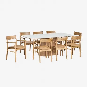 Conjunto De Mesa Com Tampo Em Chapa De Cerâmica 200x100 Cm Aura E 8 Cadeiras De Jantar Com Braços Em Madeira De Carvalho Mireita Cerâmica - Sklum