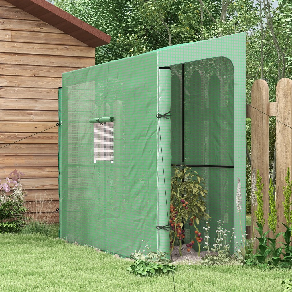 Estufa de jardim encostada à parede para cultivo de tomate 200 x 80 x 200/180 A cm, com 2 portas enroláveis com fecho de correr, 1 janela, verde